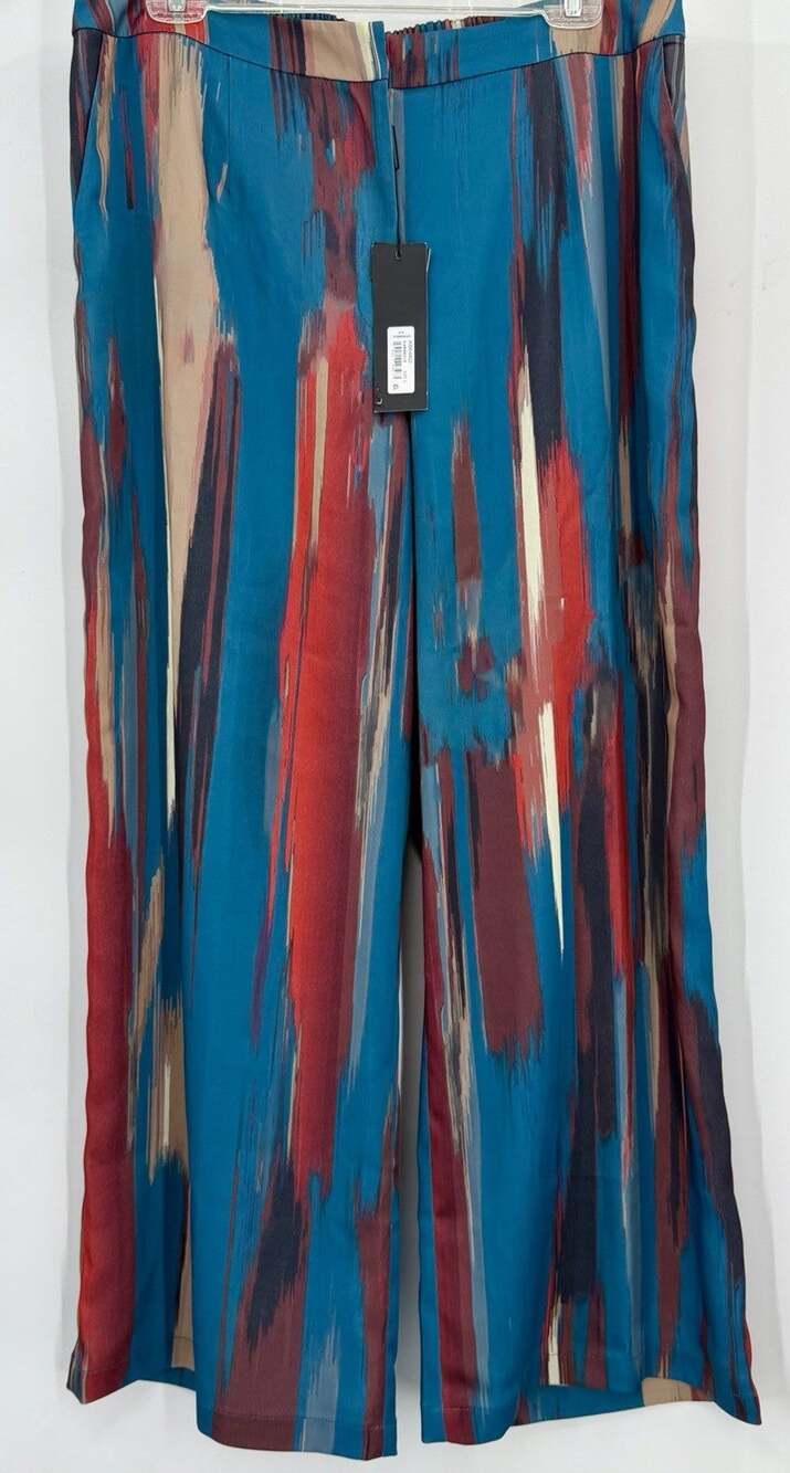 NEW Misook Pants Wide Leg Brushstroke Artsy Trousers Teal Red Blue Cream Large L